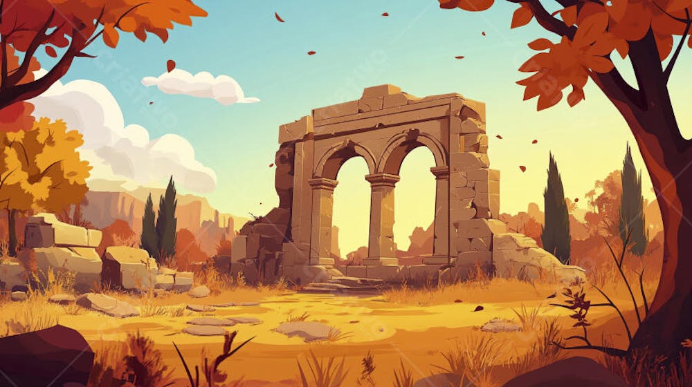 Ilustração Digital de Ruínas Antigas em Meio à Paisagem Outonal com Folhas Alaranjadas e Árvores em Estilo Cartoon