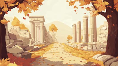 Ilustração Digital de Ruínas Antigas em Meio à Paisagem Outonal com Folhas Alaranjadas e Árvores em Estilo Cartoon