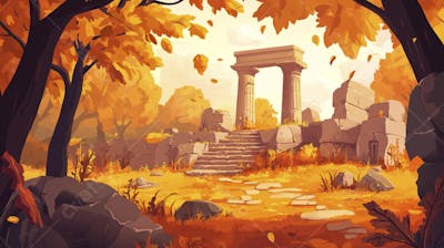 Ilustração Digital de Ruínas Antigas em Meio à Paisagem Outonal com Folhas Alaranjadas e Árvores em Estilo Cartoon