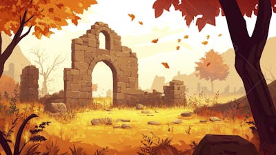 Ilustração Digital de Ruínas Antigas em Meio à Paisagem Outonal com Folhas Alaranjadas e Árvores em Estilo Cartoon