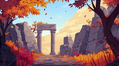 Ilustração Digital de Ruínas Antigas em Meio à Paisagem Outonal com Folhas Alaranjadas e Árvores em Estilo Cartoon