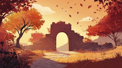 Ilustração Digital de Ruínas Antigas em Meio à Paisagem Outonal com Folhas Alaranjadas e Árvores em Estilo Cartoon