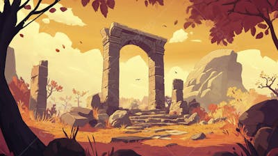 Ilustração Digital de Ruínas Antigas em Meio à Paisagem Outonal com Folhas Alaranjadas e Árvores em Estilo Cartoon