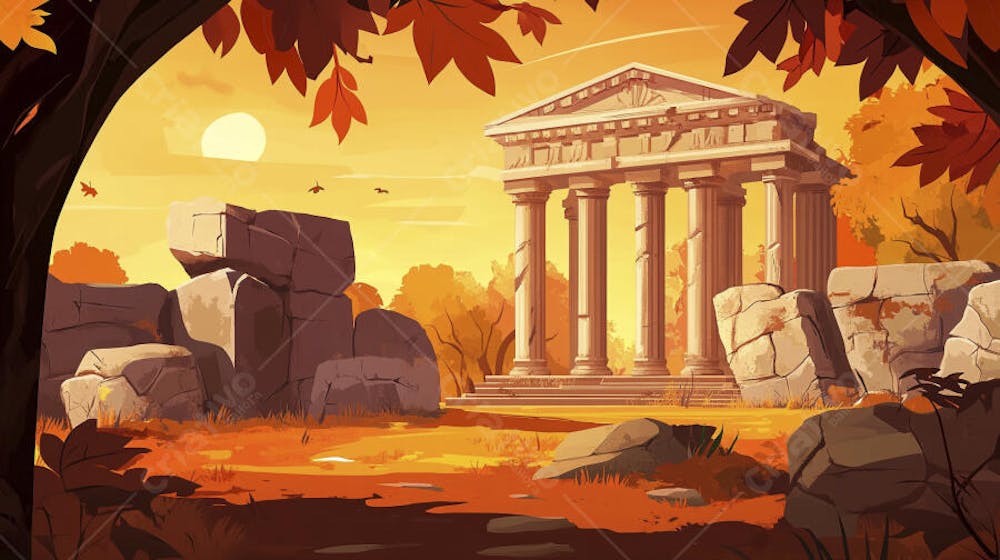 Ilustração Digital de Ruínas Antigas em Meio à Paisagem Outonal com Folhas Alaranjadas e Árvores em Estilo Cartoon