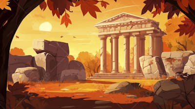 Ilustração Digital de Ruínas Antigas em Meio à Paisagem Outonal com Folhas Alaranjadas e Árvores em Estilo Cartoon