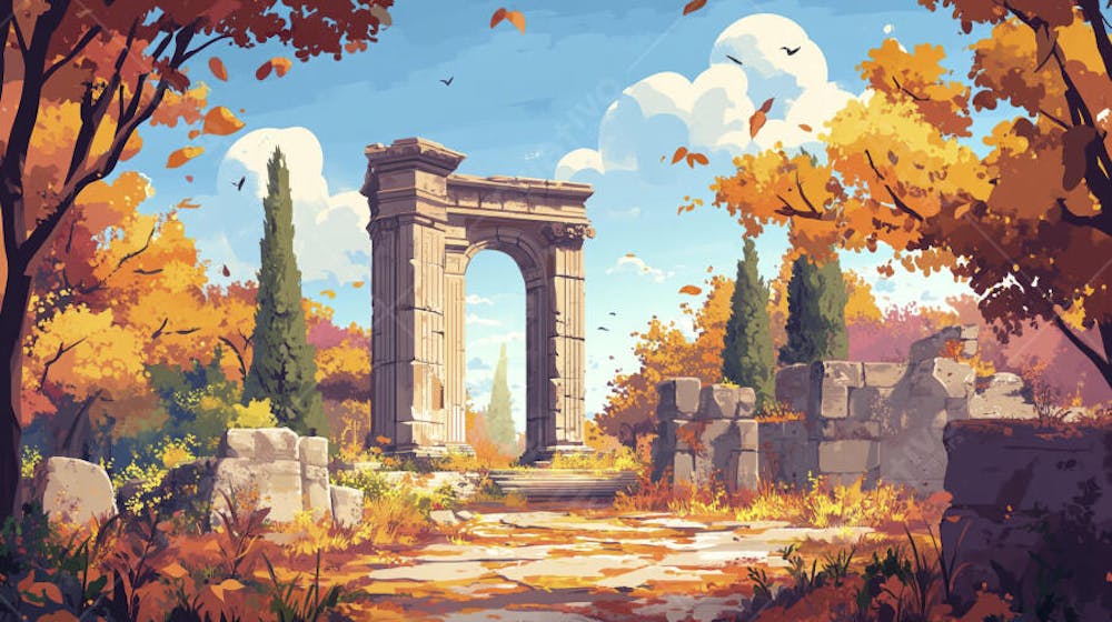 Ilustração Digital de Ruínas Antigas em Meio à Paisagem Outonal com Folhas Alaranjadas e Árvores em Estilo Cartoon