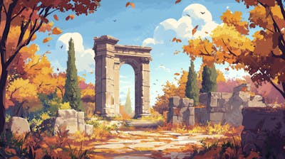 Ilustração Digital de Ruínas Antigas em Meio à Paisagem Outonal com Folhas Alaranjadas e Árvores em Estilo Cartoon