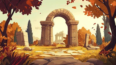 Ilustração Digital de Ruínas Antigas em Meio à Paisagem Outonal com Folhas Alaranjadas e Árvores em Estilo Cartoon