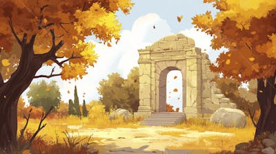 Ilustração Digital de Ruínas Antigas em Meio à Paisagem Outonal com Folhas Alaranjadas e Árvores em Estilo Cartoon