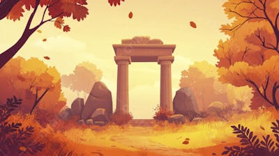 Ilustração Digital de Ruínas Antigas em Meio à Paisagem Outonal com Folhas Alaranjadas e Árvores em Estilo Cartoon