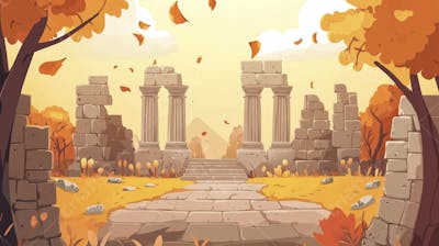 Ilustração Digital de Ruínas Antigas em Meio à Paisagem Outonal com Folhas Alaranjadas e Árvores em Estilo Cartoon
