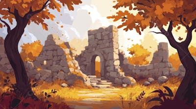 Ilustração Digital de Ruínas Antigas em Meio à Paisagem Outonal com Folhas Alaranjadas e Árvores em Estilo Cartoon