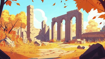 Ilustração Digital de Ruínas Antigas em Meio à Paisagem Outonal com Folhas Alaranjadas e Árvores em Estilo Cartoon