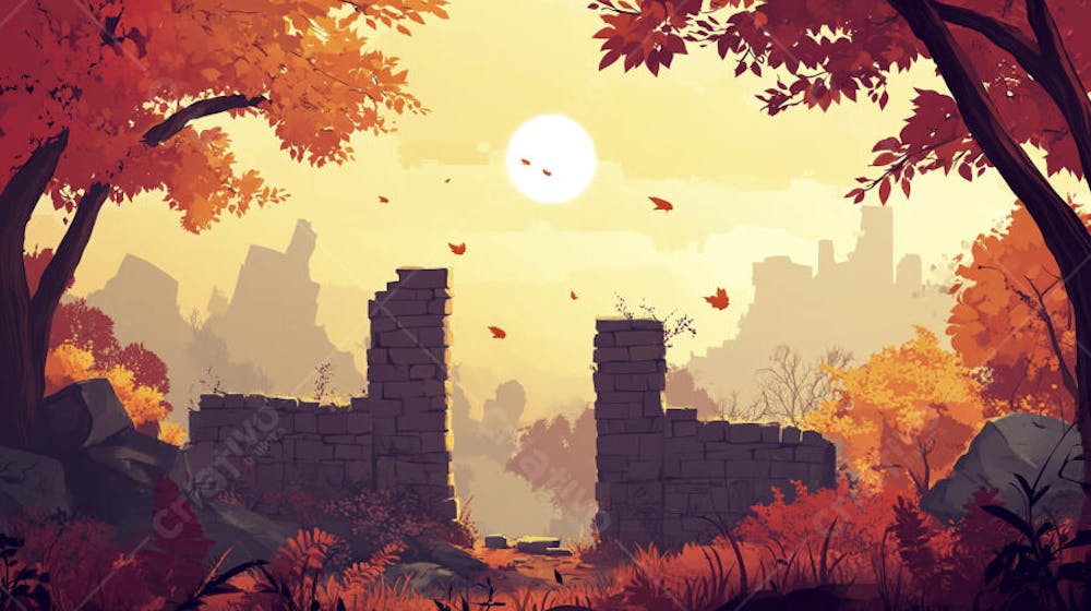 Ilustração Digital de Ruínas Antigas em Meio à Paisagem Outonal com Folhas Alaranjadas e Árvores em Estilo Cartoon