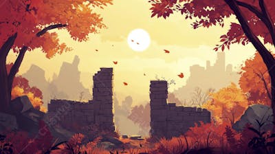 Ilustração Digital de Ruínas Antigas em Meio à Paisagem Outonal com Folhas Alaranjadas e Árvores em Estilo Cartoon