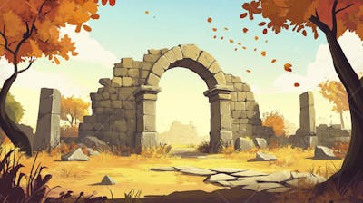 Ilustração Digital de Ruínas Antigas em Meio à Paisagem Outonal com Folhas Alaranjadas e Árvores em Estilo Cartoon