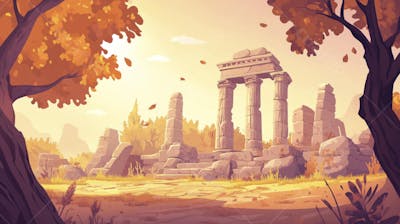 Ilustração Digital de Ruínas Antigas em Meio à Paisagem Outonal com Folhas Alaranjadas e Árvores em Estilo Cartoon