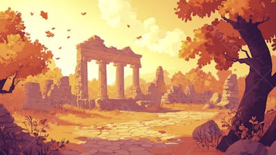 Ilustração Digital de Ruínas Antigas em Meio à Paisagem Outonal com Folhas Alaranjadas e Árvores em Estilo Cartoon