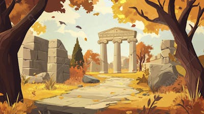 Ilustração Digital de Ruínas Antigas em Meio à Paisagem Outonal com Folhas Alaranjadas e Árvores em Estilo Cartoon