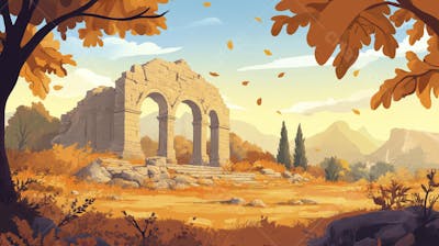 Ilustração Digital de Ruínas Antigas em Meio à Paisagem Outonal com Folhas Alaranjadas e Árvores em Estilo Cartoon