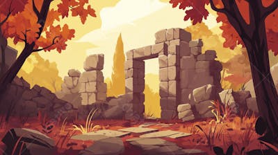 Ilustração Digital de Ruínas Antigas em Meio à Paisagem Outonal com Folhas Alaranjadas e Árvores em Estilo Cartoon