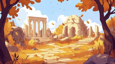 Ilustração Digital de Ruínas Antigas em Meio à Paisagem Outonal com Folhas Alaranjadas e Árvores em Estilo Cartoon