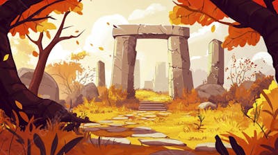 Ilustração Digital de Ruínas Antigas em Meio à Paisagem Outonal com Folhas Alaranjadas e Árvores em Estilo Cartoon