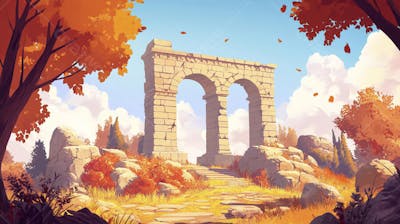 Ilustração Digital de Ruínas Antigas em Meio à Paisagem Outonal com Folhas Alaranjadas e Árvores em Estilo Cartoon