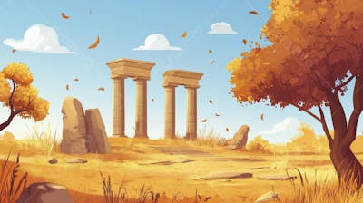 Ilustração Digital de Ruínas Antigas em Meio à Paisagem Outonal com Folhas Alaranjadas e Árvores em Estilo Cartoon