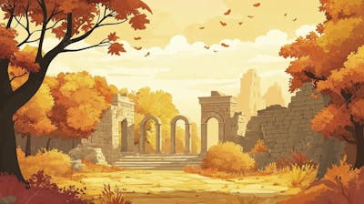 Ilustração Digital de Ruínas Antigas em Meio à Paisagem Outonal com Folhas Alaranjadas e Árvores em Estilo Cartoon