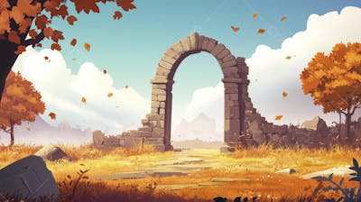 Ilustração Digital de Ruínas Antigas em Meio à Paisagem Outonal com Folhas Alaranjadas e Árvores em Estilo Cartoon