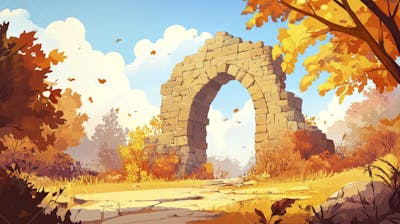 Ilustração Digital de Ruínas Antigas em Meio à Paisagem Outonal com Folhas Alaranjadas e Árvores em Estilo Cartoon