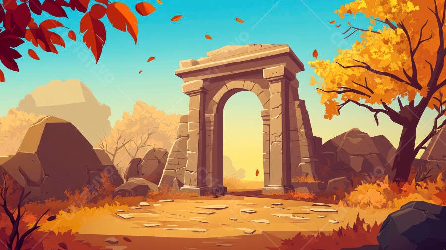 Arco de pedra em paisagem outonal