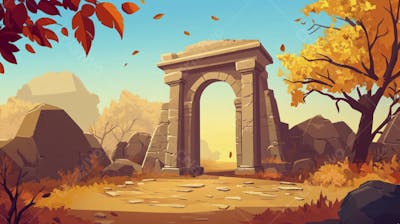 Ilustração Digital de Ruínas Antigas em Meio à Paisagem Outonal com Folhas Alaranjadas e Árvores em Estilo Cartoon