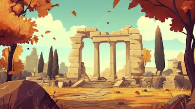 Ilustração Digital de Ruínas Antigas em Meio à Paisagem Outonal com Folhas Alaranjadas e Árvores em Estilo Cartoon