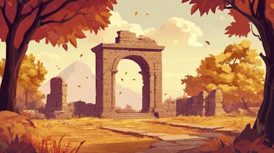 Ilustração Digital de Ruínas Antigas em Meio à Paisagem Outonal com Folhas Alaranjadas e Árvores em Estilo Cartoon
