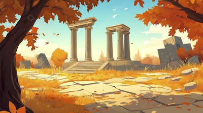 Ilustração Digital de Ruínas Antigas em Meio à Paisagem Outonal com Folhas Alaranjadas e Árvores em Estilo Cartoon