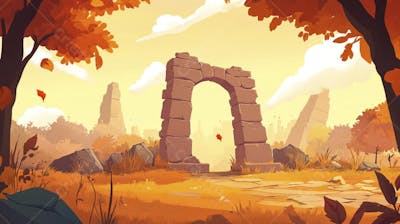 Ilustração Digital de Ruínas Antigas em Meio à Paisagem Outonal com Folhas Alaranjadas e Árvores em Estilo Cartoon