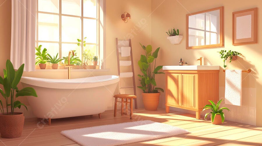 Banheiro aconchegante com plantas e luz natural