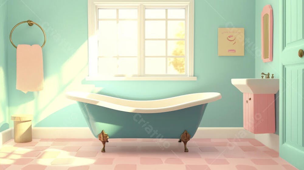 Ilustração Digital de Banheiro Aconchegante com Banheira Branca e Luz do Sol Entrando pela Janela em Estilo Cartoon
