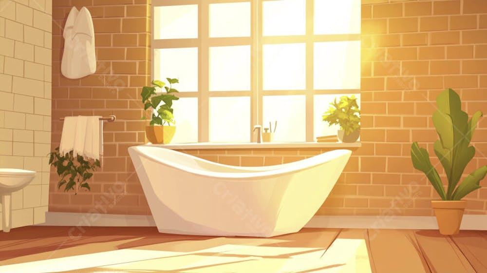 Ilustração Digital de Banheiro Aconchegante com Banheira Branca e Luz do Sol Entrando pela Janela em Estilo Cartoon