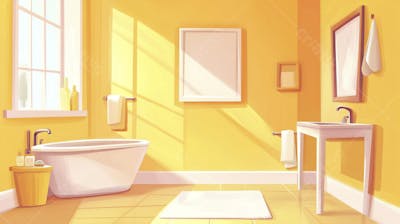 Ilustração Digital de Banheiro Aconchegante com Banheira Branca e Luz do Sol Entrando pela Janela em Estilo Cartoon