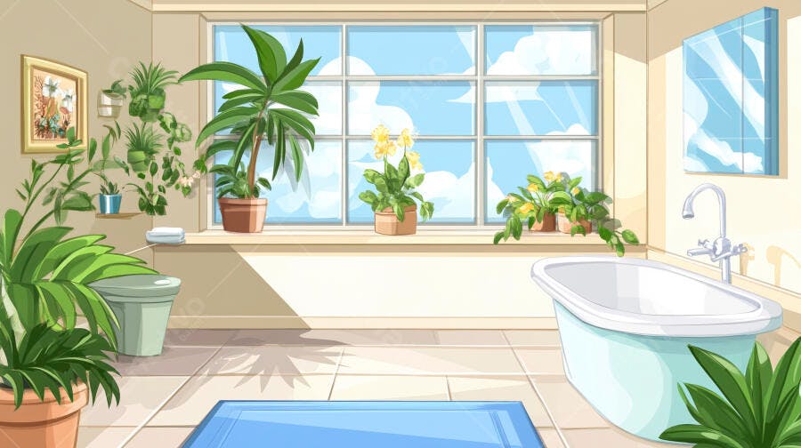 Banheiro com muitas plantas e banheira