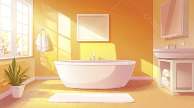 Ilustração Digital de Banheiro Aconchegante com Banheira Branca e Luz do Sol Entrando pela Janela em Estilo Cartoon