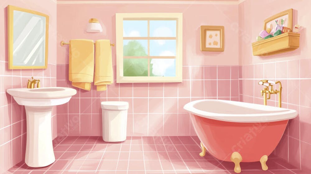 Ilustração Digital de Banheiro Aconchegante com Banheira Branca e Luz do Sol Entrando pela Janela em Estilo Cartoon
