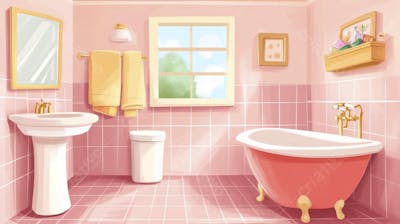 Ilustração Digital de Banheiro Aconchegante com Banheira Branca e Luz do Sol Entrando pela Janela em Estilo Cartoon