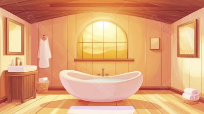 Ilustração Digital de Banheiro Aconchegante com Banheira Branca e Luz do Sol Entrando pela Janela em Estilo Cartoon