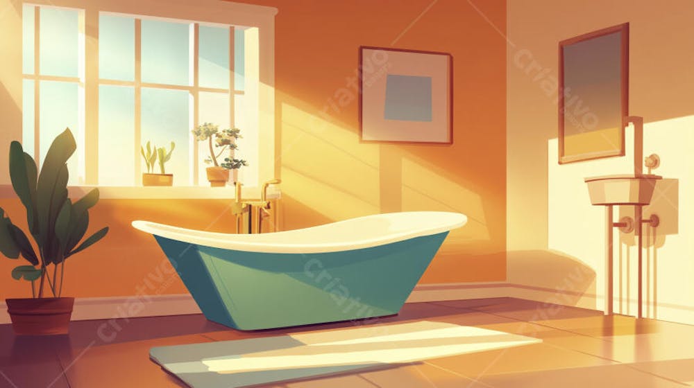Ilustração Digital de Banheiro Aconchegante com Banheira Branca e Luz do Sol Entrando pela Janela em Estilo Cartoon