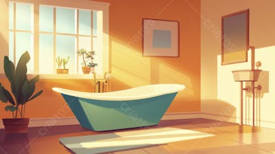 Ilustração Digital de Banheiro Aconchegante com Banheira Branca e Luz do Sol Entrando pela Janela em Estilo Cartoon