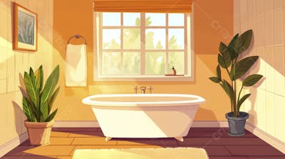 Ilustração Digital de Banheiro Aconchegante com Banheira Branca e Luz do Sol Entrando pela Janela em Estilo Cartoon